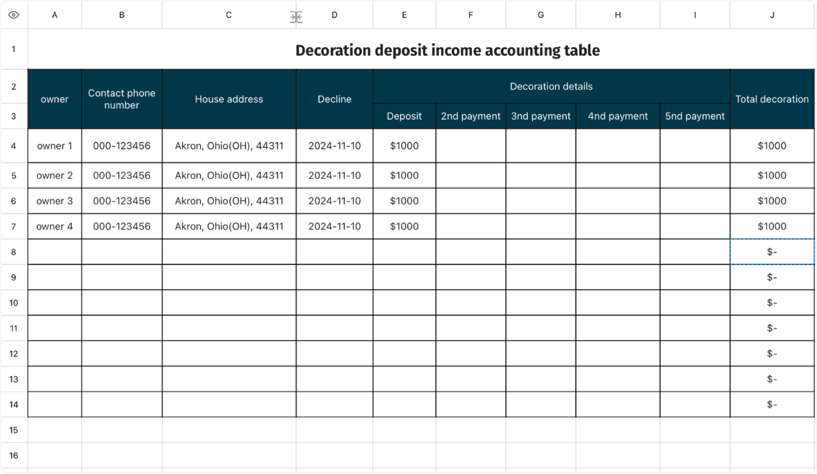 Decoration deposit income accounting form